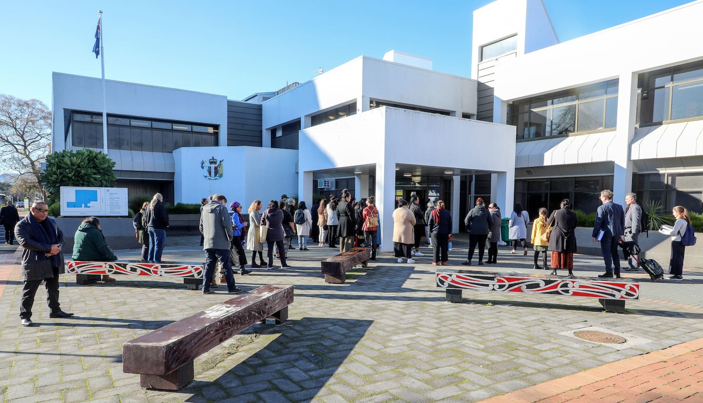 Ngāti Awa iwi members outside the Rotorua court house ahead of an Environment Court appeal hearing in 2020.