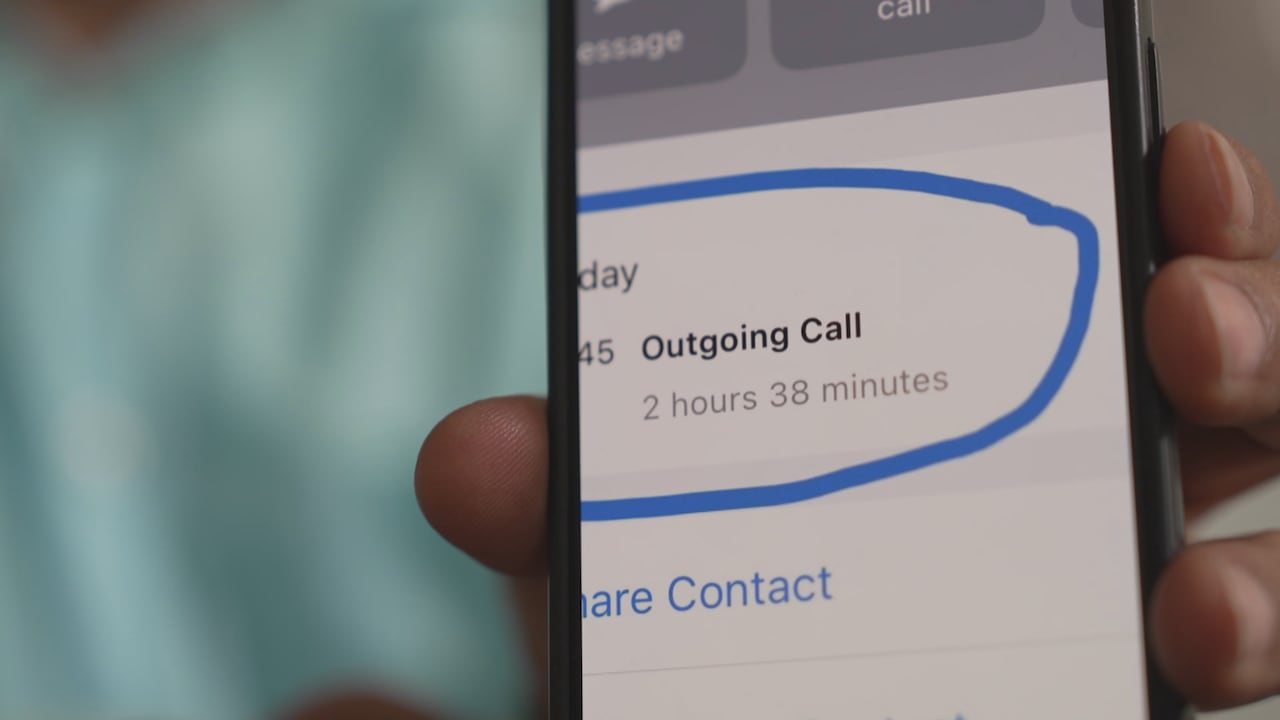 Phone screen showing outgoing call that lasted 2 hours and 38 minutes