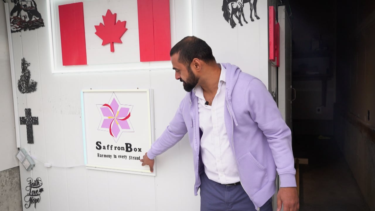 A man in a purple hoodie shows a white chamber with a sign called 'Saffron Box' and a Canadian flag above. 