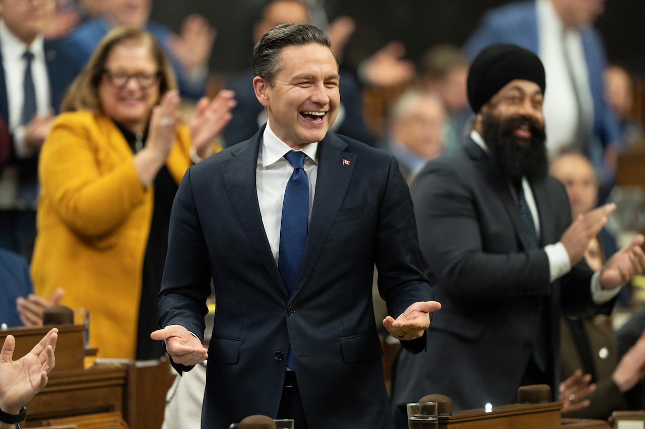 Conservative Leader Pierre Poilievre laughs as he rises to question the government during Question Period, on Parliament Hill in Ottawa, Tuesday, Nov. 18, 2025.