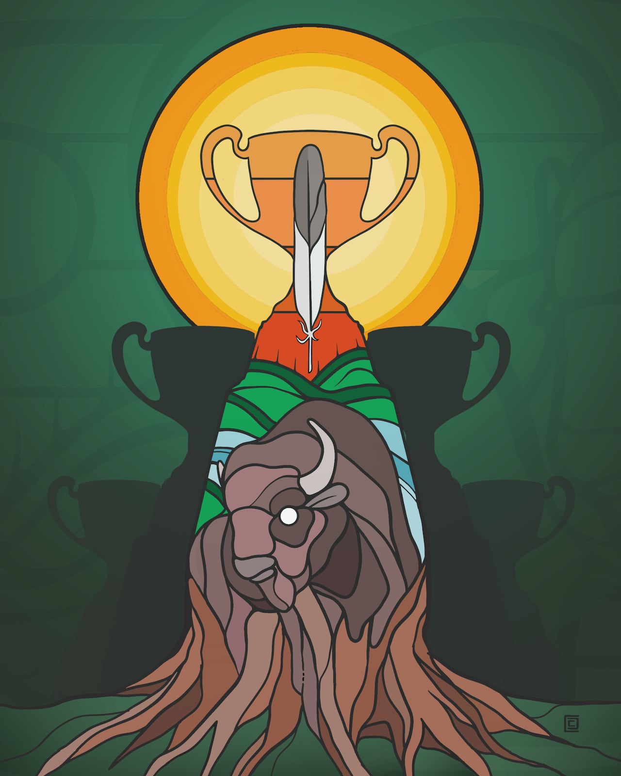 A buffalo stands is rooted in the ground with a trophy atop and glowing sun in the backdrop. 