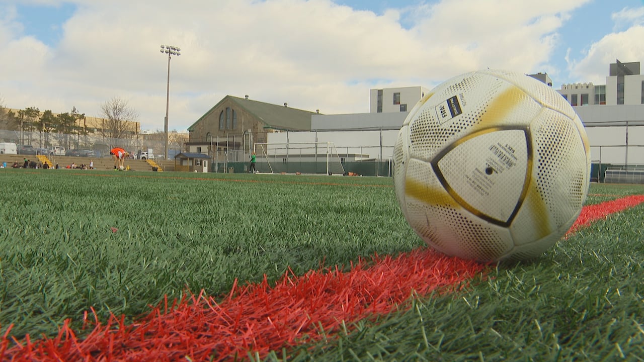 Soccer ball on a field.