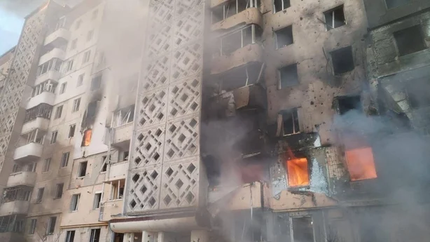 A view of a high-rise apartment building after it has been targeted in a Russian attack on the city of Ternopil, Ukraine 