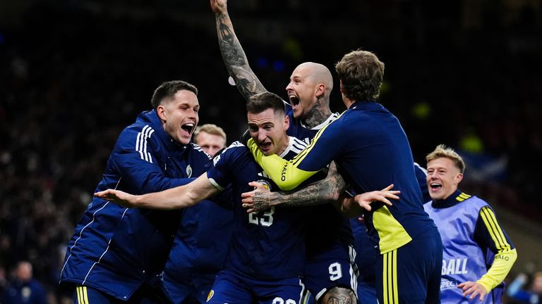 Scotland's Kenny McLean celebrates scoring his side's fourth goal against Denmark. Pic: PA