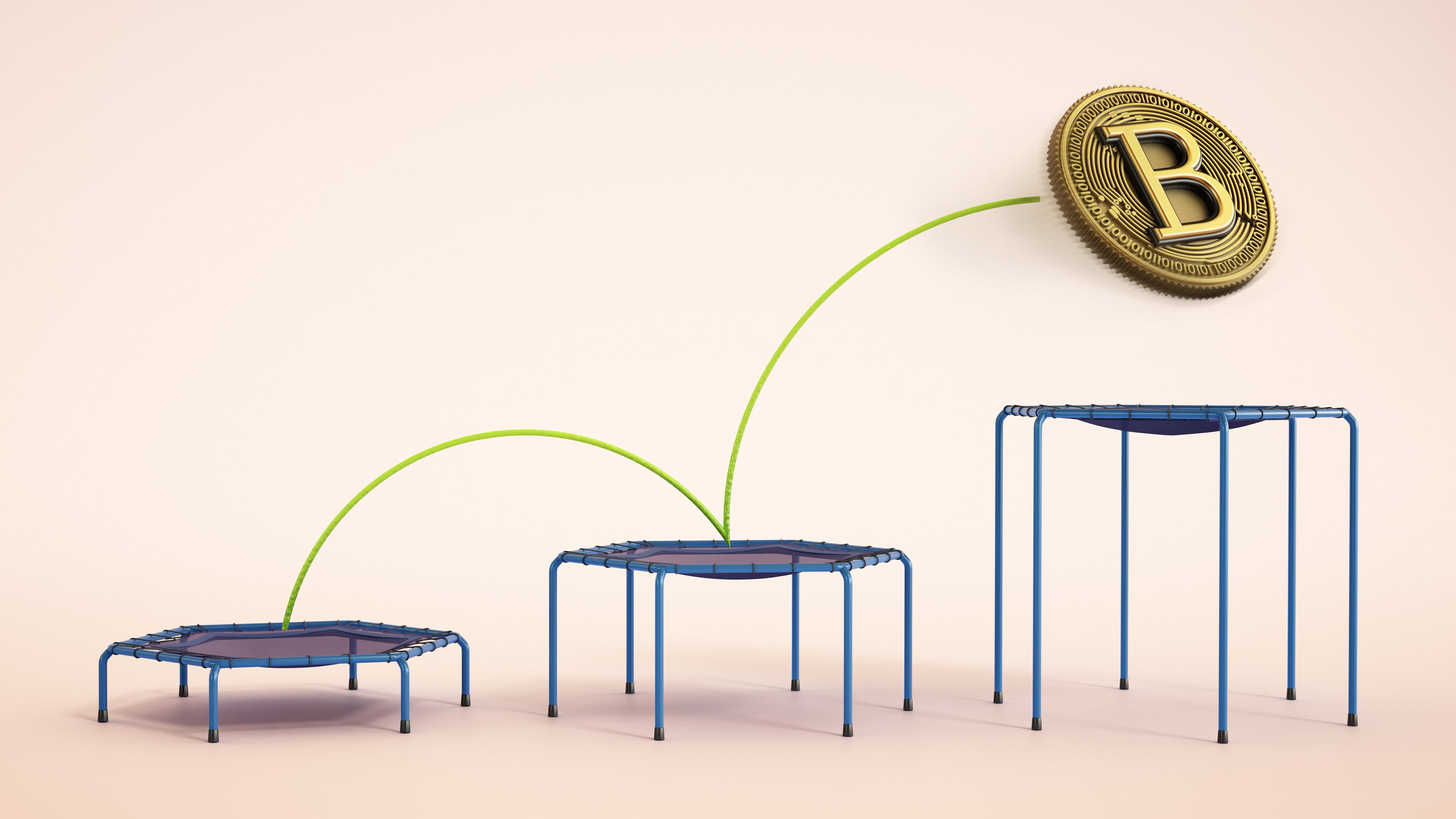 Coin with Bitcoin logo bouncing higher on trampolines.