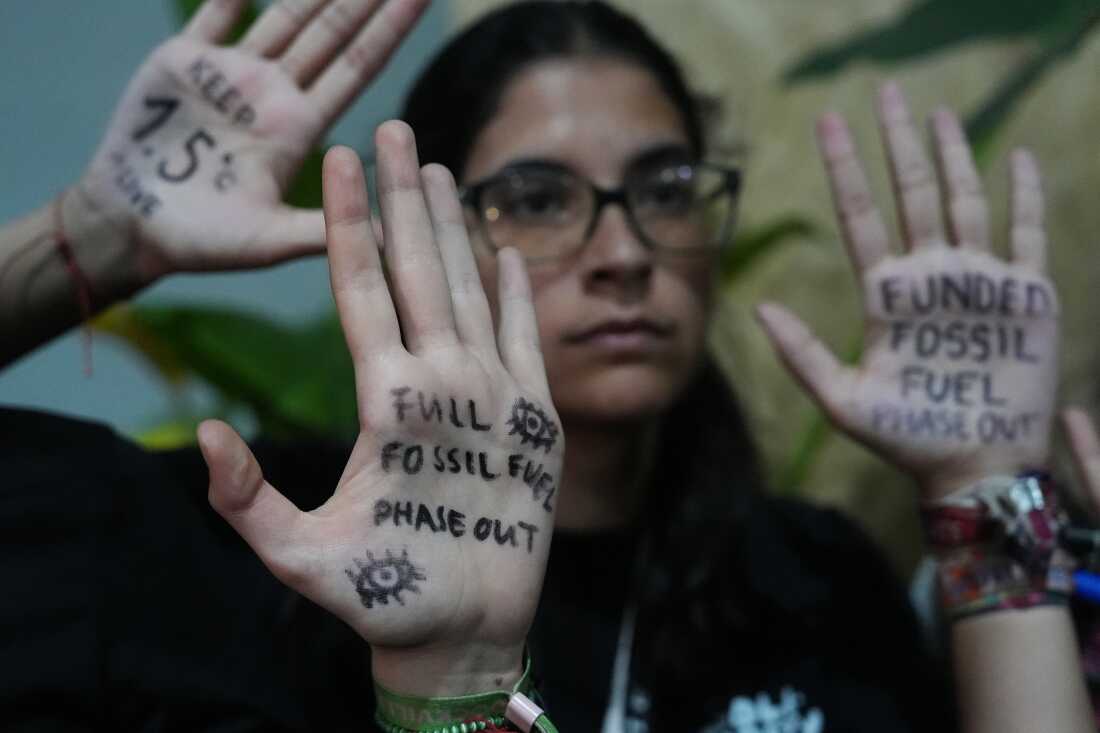 Activists participate in a demonstration outside where negotiations are taking place at the COP30 U.N. Climate Summit, Friday, Nov. 21, 2025, in Belem, Brazil. 