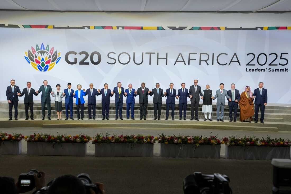 Heads of states pose for a family photo following the first plenary session of the G20 leaders' summit in Johannesburg, South Africa, Saturday, Nov. 22, 2025. 