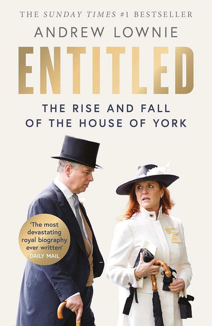 Cover of the book Entitled by Andrew Lownie featuring a man and woman in formal attire, related to Prince Harry Meghan Markle wedding.