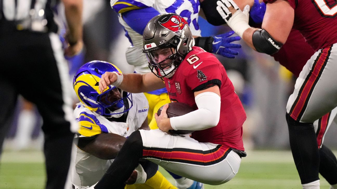 Bucs' Baker Mayfield out vs. Rams with left shoulder injury