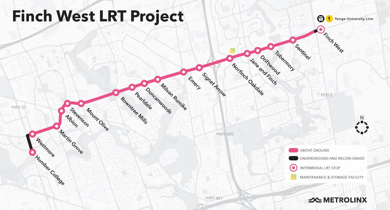 A map of the 18-stop Finch West LRT.