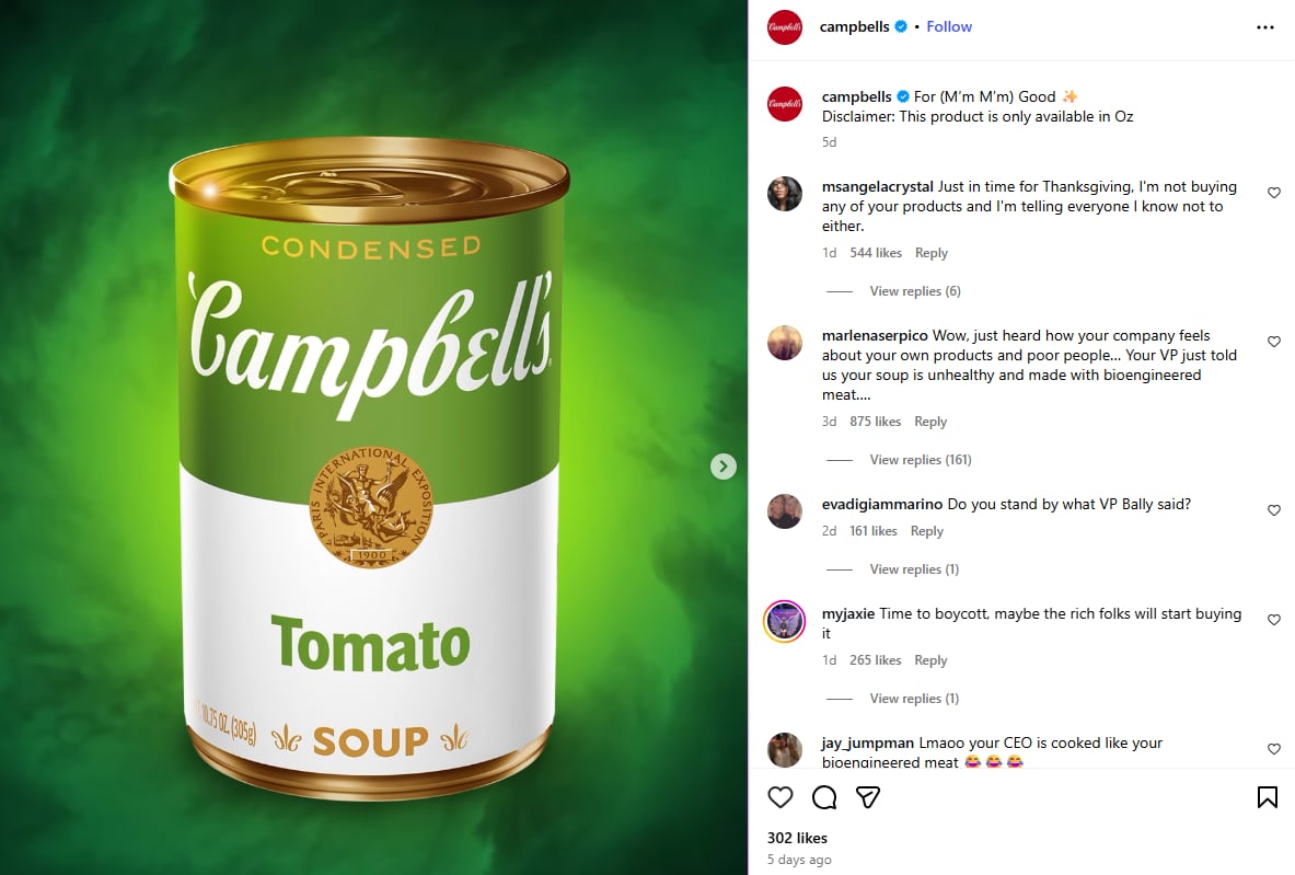 An instagram post from Campbells shows a green can of soup