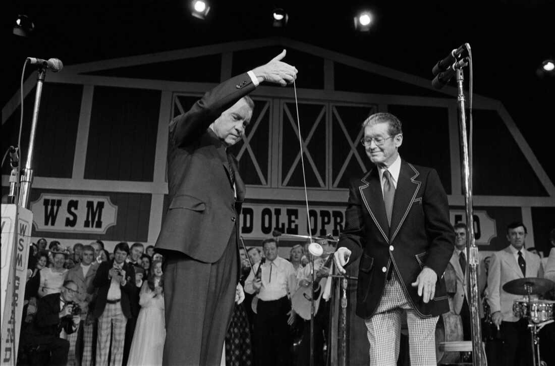 President Richard Nixon with Roy Acuff at the dedication of the Grand Ole Opry House in Nashville, Tenn. on March 16, 1974. In addition to demonstrating his yo-yo skills, Nixon also played songs on the piano.