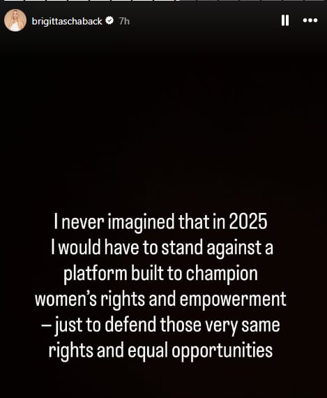 An instagram post that says "I never imagined that in 2025 I would have to stand against a platform built to champion women's rights and empowerment — just to defend those very same rights and equal opportunities,"