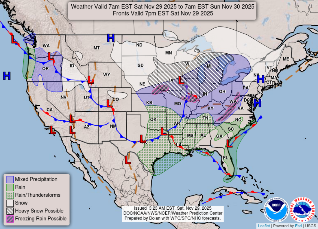 This NOAA graphic shows the wintry weather forecast across parts of the U.S. from Saturday to Sunday mornings.