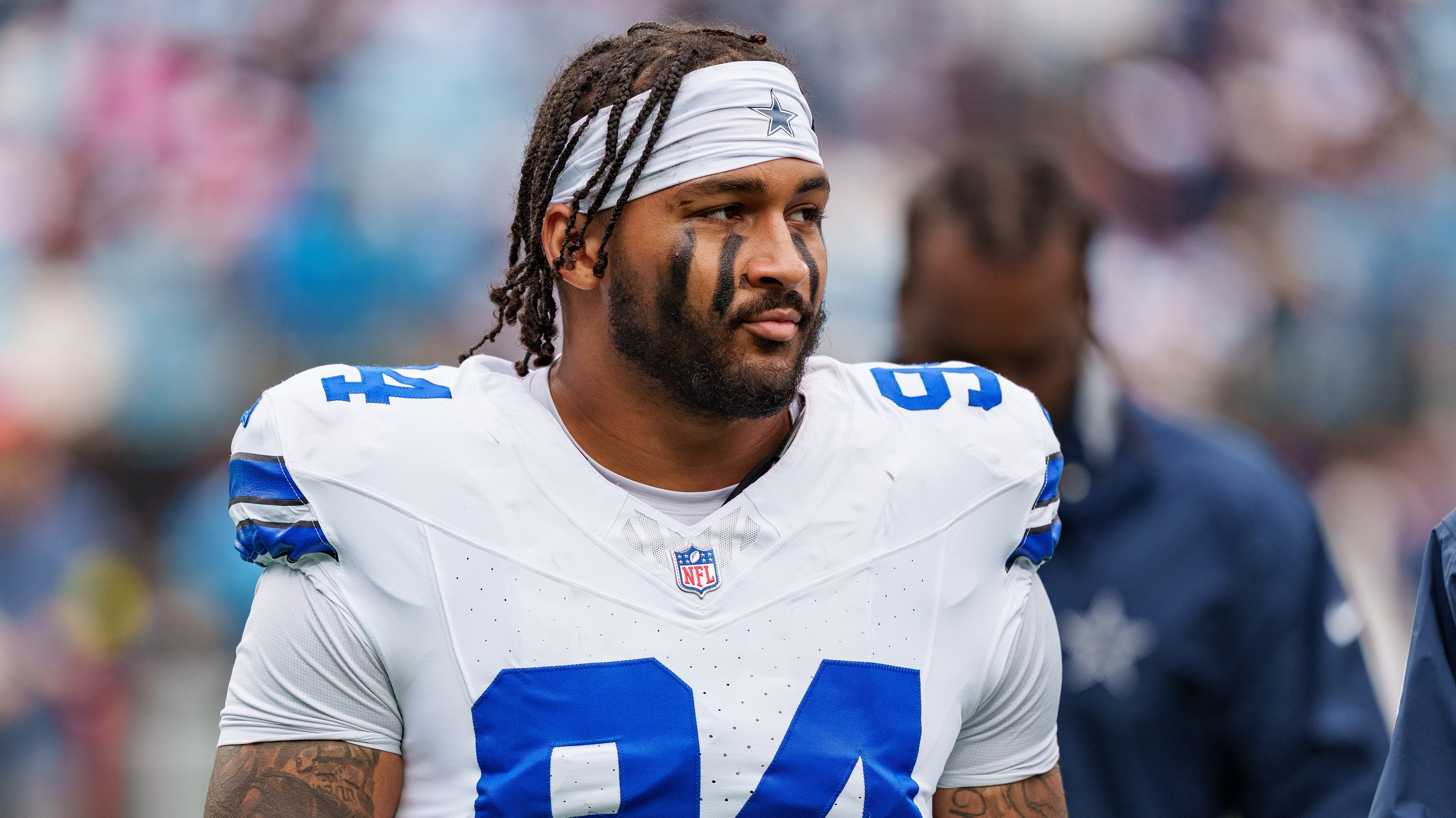Dallas Cowboys defensive end Marshawn Kneeland (94) looks on during an NFL football game between the Carolina Panthers and the Dallas Cowboys on Sunday, Oct. 12, 2025, in Charlotte, N.C.