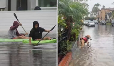 Neighbors kayak in the streets as Long Beach is hit with street flooding