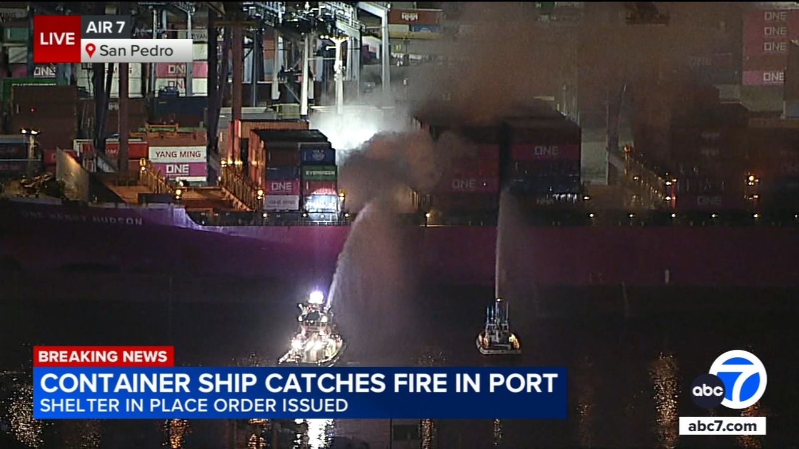 Fire erupts on container ship at Port of Los Angeles in San Pedro