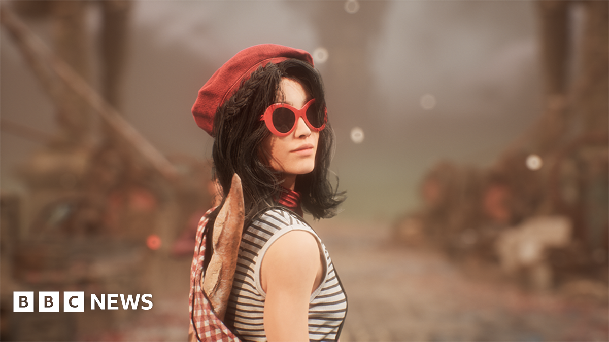 A screenshot from Clair Obscur shows a character with shoulder-length dark hair looking back over her shoulder at the viewer. She wears a red beret, large, red-rimmed sunglasses and a white tank top with thin grey stripes. A knapsack with a baguette poking out of it is slung over her shoulder.
