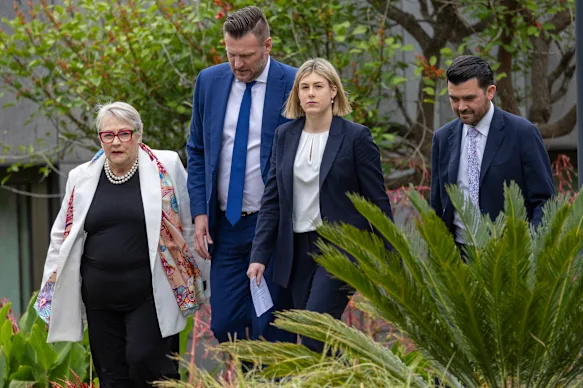 Opposition Leader Jess Wilson with her leadership team (from left), Bev McArthur, Sam Groth and Evan Mulholland.