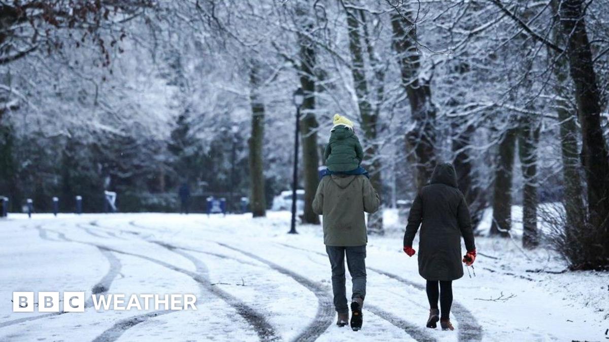 A couple walk down a snowy road. The man is carrying a child on his shoulders. There are big trees with some snow on them lining the road.