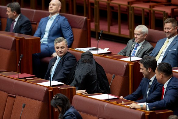 Pauline Hanson sits with her One Nation colleagues during a vote in the Senate.