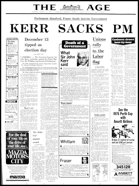 The front page of The Age on Wednesday, November 12, 1975. 