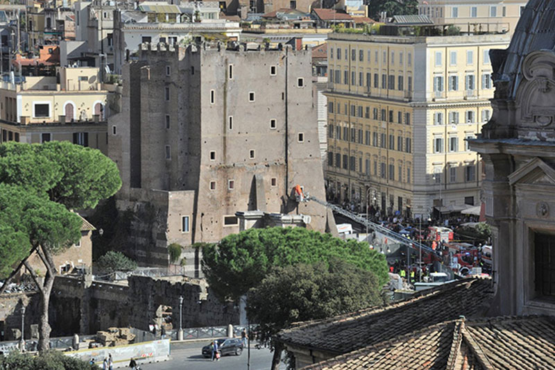 View of a rescue ladder at a medieval tower.