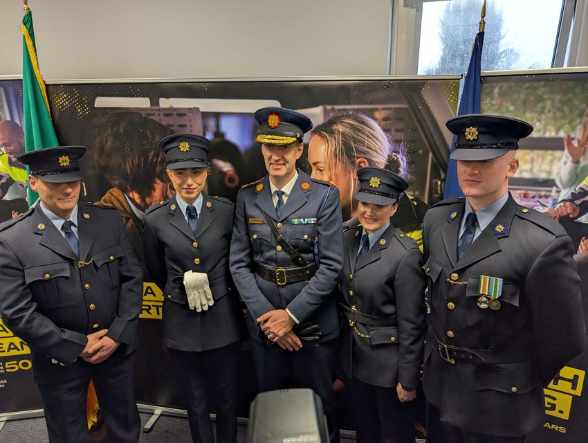 Garda Commissioner Justin Kelly (centre) with graduating gardai (left to right) Jeremiah Bourke, Amy Ni Riada, Kristina Courtney and Adam O’Rourke at Templemore Garda College, Co Tipperary (Cillian Sherlock/PA)