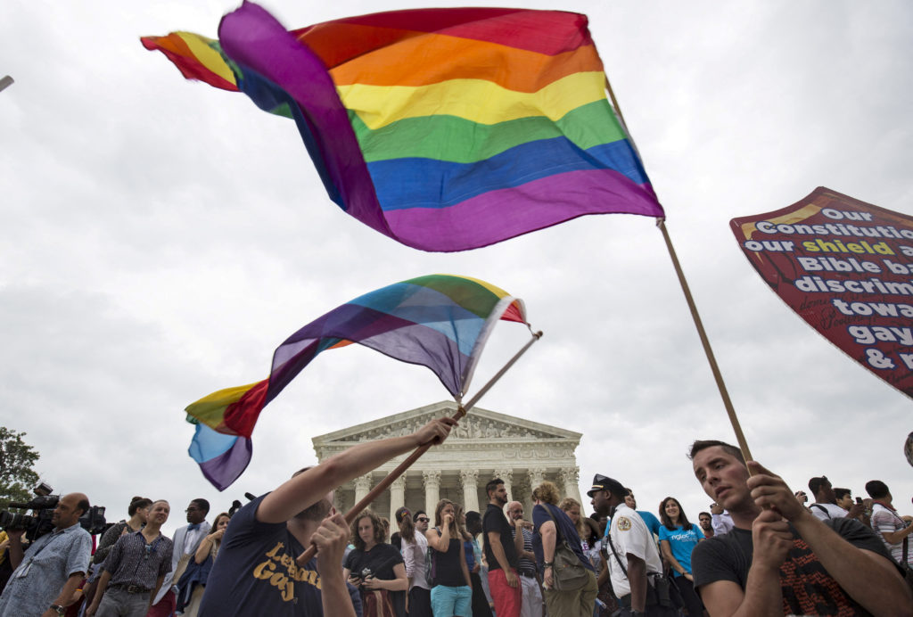 FILE PHOTO: Supporters of gay marriage wave the rainbow flag after the U.S. Supreme Court ruled on Friday that the U.S. Co...