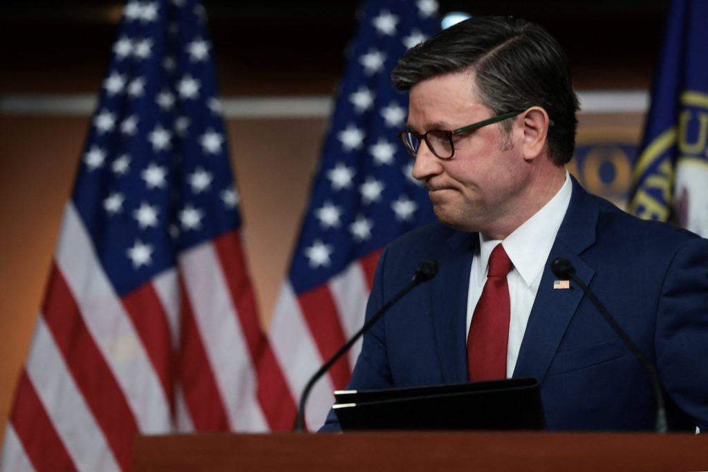 U.S. Speaker of the House Mike Johnson (R-LA) speaks at a press conference, in Washington