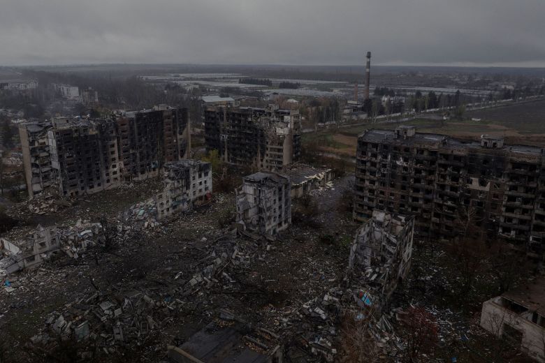 Apartment buildings destroyed and damaged by Russian military strikes in Kostiantynivka on November 12, 2025.