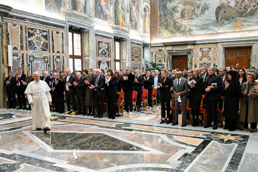 Pope Leo walks on the day of an audience with international filmmakers and actors, including Cate Blanchett, Spike Lee, Viggo Mortensen, Monica Bellucci, and Gus Van Sant.