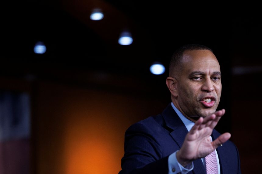 US House Minority Leader Hakeem Jeffries speaks during a press conference on Capitol Hill in Washington, DC, on Thursday.