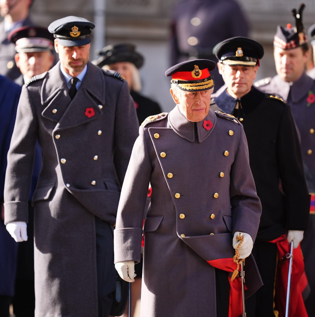 The King, the Prince of Wales, and the Duke of Edinburgh are pictured during the Remembrance Sunday service at the Cenotaph in London on November 9, 2025 (James Manning/PA Images/Alamy)