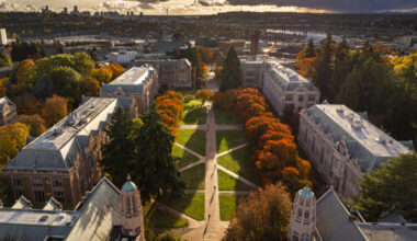 aerial view of a college campus in autumn