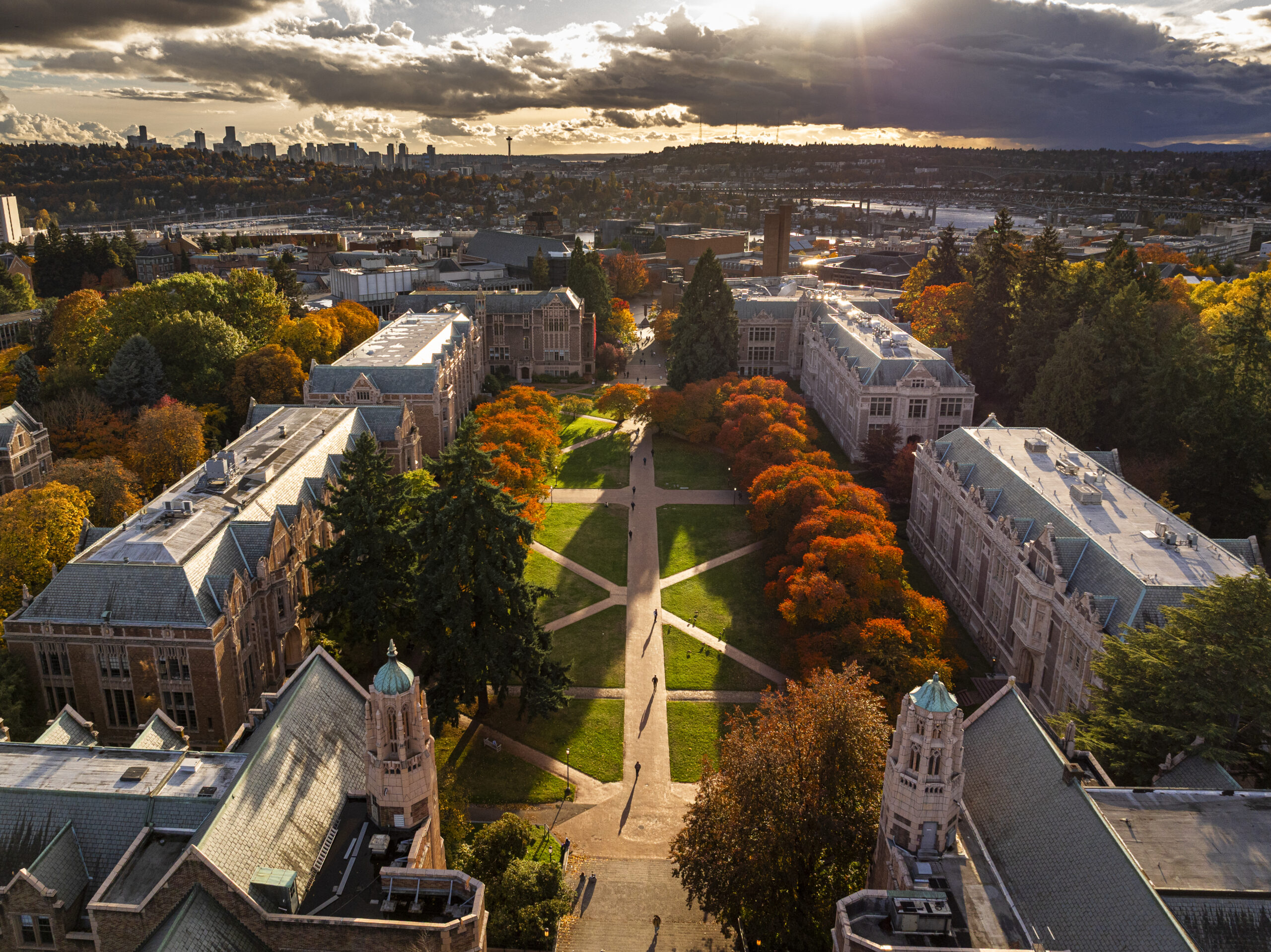 aerial view of a college campus in autumn