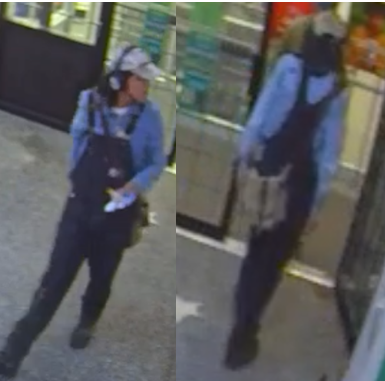 the suspect, seen in a CCTV image, is described as a 5'9" man, approximately 20 to 30 years old, wearing a blue long-sleeved shirt, dark-coloured overalls, a light coloured hat, a light-coloured, cross-body bag and over-the-ear style headphones at the time.