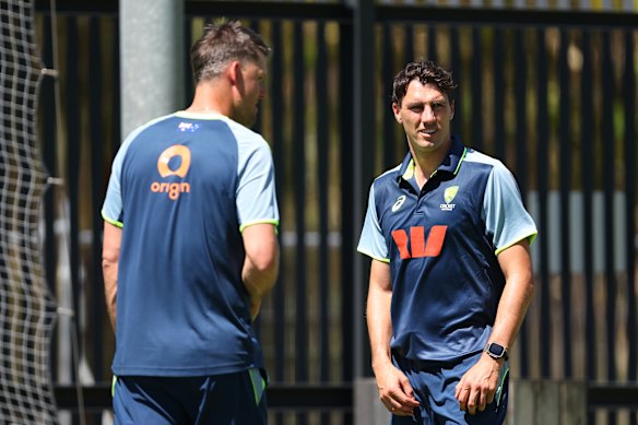 Beau Webster with Pat Cummins at Optus Stadium on Monday.