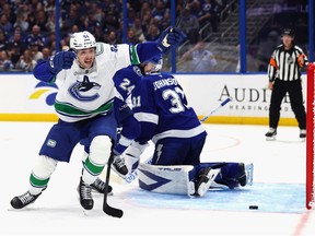 Linus Karlsson celebrates his third period goal against the Tampa Bay Lightning at Benchmark International Arena on Sunday