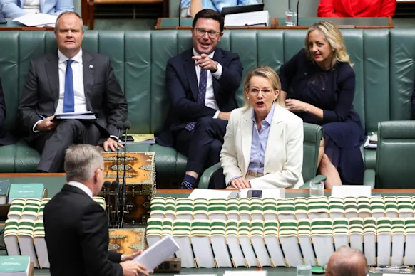 Opposition leader Sussan Ley and Opposition frontbench react as Minister for Climate Change and Energy Chris Bowen speaks during Question Time.