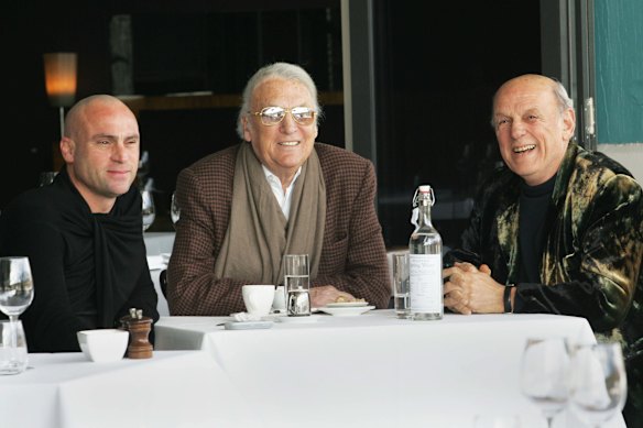 From left: Maurice Terzini, John Laws and Leon Fink meeting for lunch at Sydney’s Otto restaurant in 2008.
