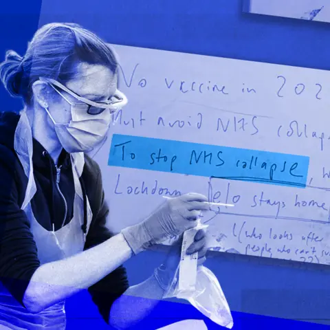 BBC A female medical practitioner wearing gloves and holding a Covid test. Behind her is a an extract of a handwritten document with words highlighted saying: "To stop NHS collapse".