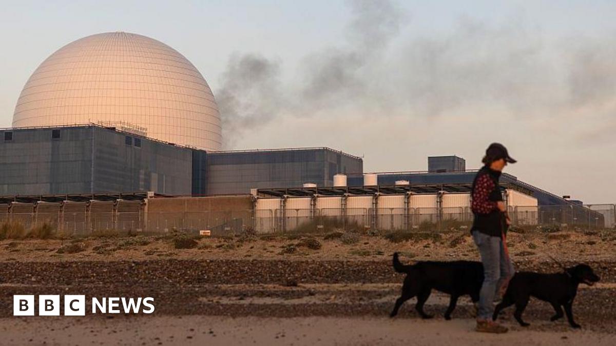 A media crew gathers to witness the world's largest land crane 'Big Carl' lifting a 245-tonne domed roof onto Hinkley Point C's reactor building in the background of the image