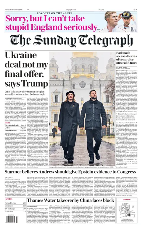 The headline on the front page of the Sunday Telegraph reads: "Ukraine deal not my final offer, says Trump". 