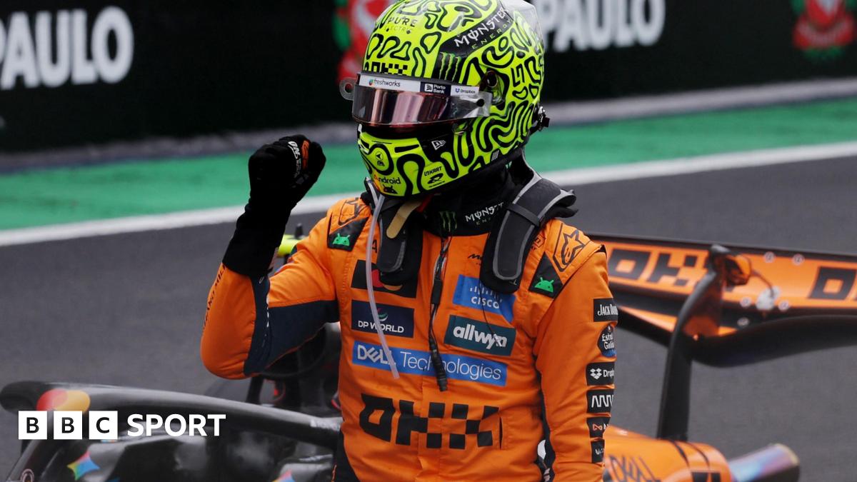 McLaren's Lando Norris clenches his fist in celebration after winning the Sao Paulo Grand Prix sprint race