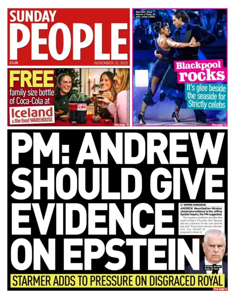 The headline on the front page of Sunday People reads: "PM: Andrew should give evidence on Epstein".