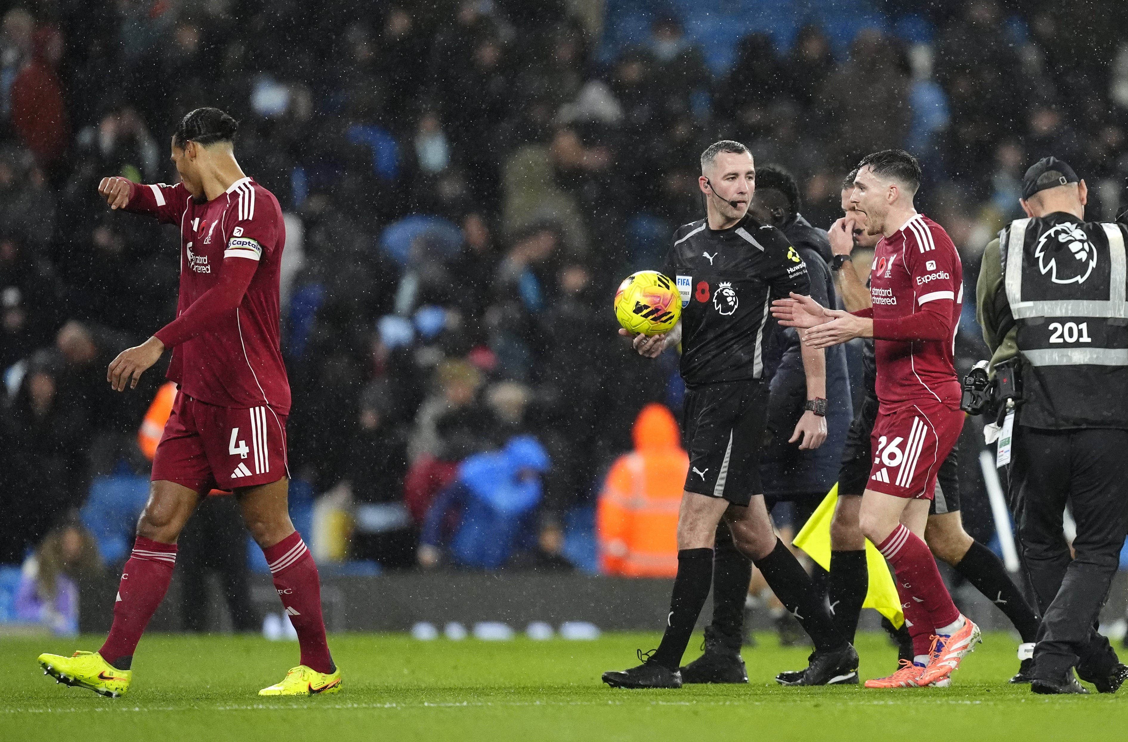 Andrew Robertson was still arguing with the officials at half time after Virgil van Dijk’s header was disallowed (Nick Potts/PA)
