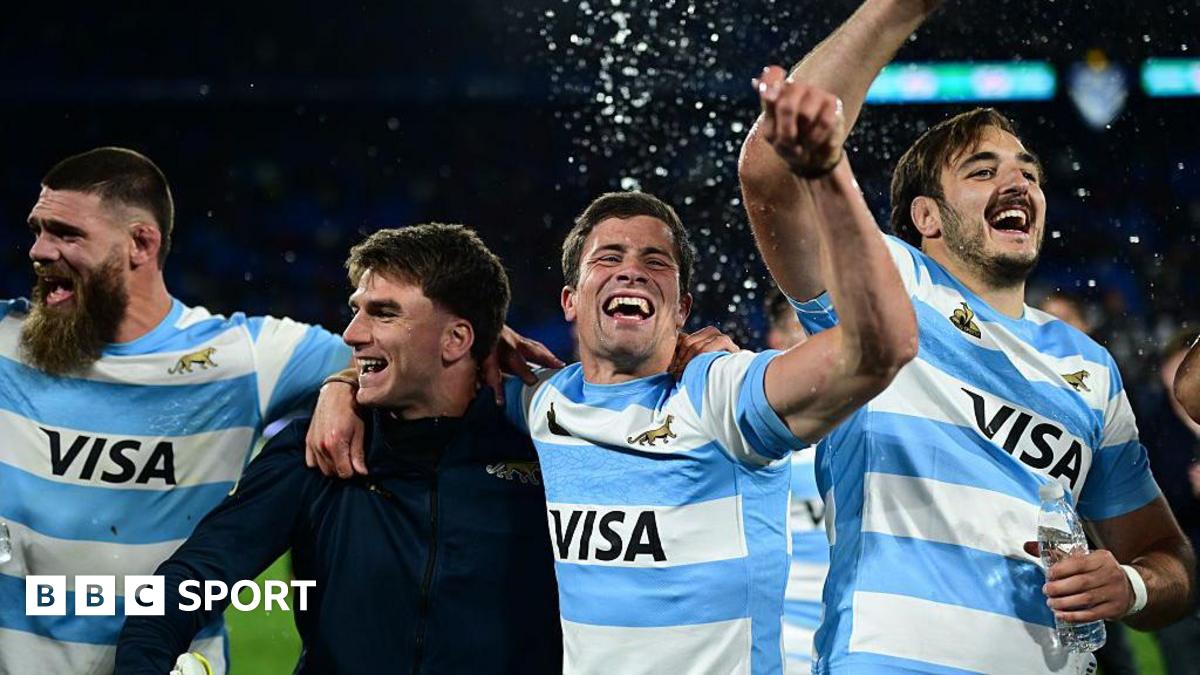 Marcos Kremer, Bautista Delguy and Pedro Rubiolo of Argentina celebrate following the team's victory in a Rugby Championship 2025 match between Argentina Pumas and New Zealand All Blacks at Jose Amalfitani Stadium on August 23, 2025 in Buenos Aires, Argentina.