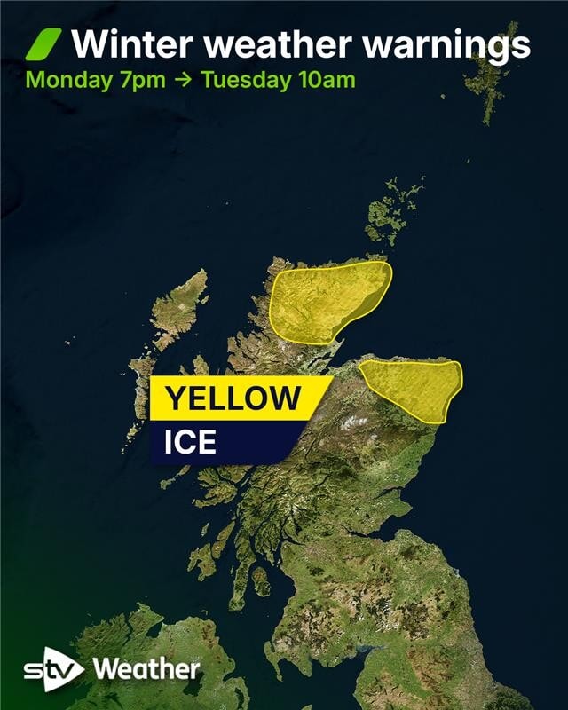 Yellow alerts for ice come into force at 7pm on Monday covering northern parts of the mainland