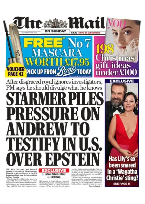 The headline on the front page of the the Mail on Sunday reads: "Starmer piles pressure on Andrew to testify in U.S. over Epstein". 